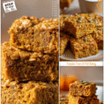 Moist pumpkin oatmeal bars cut into squares on a plate for a gluten free pumpkin breakfast recipe.